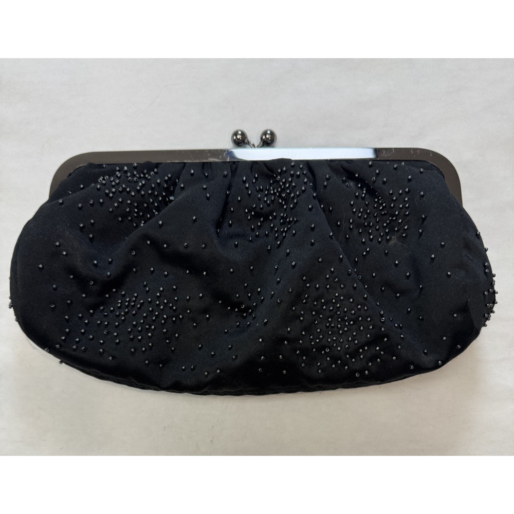 Express Vintage Style Black Beaded Evening Bag Clutch Purse Kiss Lock Glam